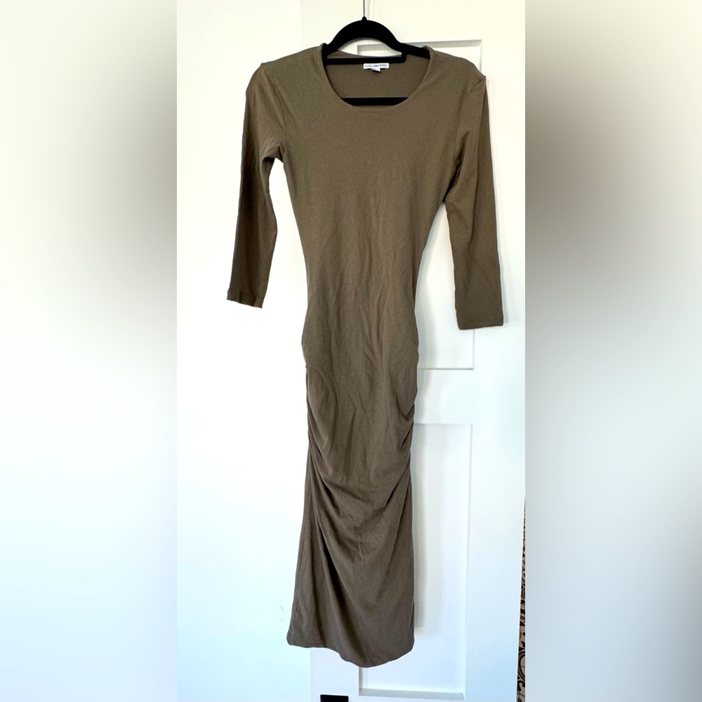 James Perse Ruched Midi Dress, Olive Green, Size 1, fits size S